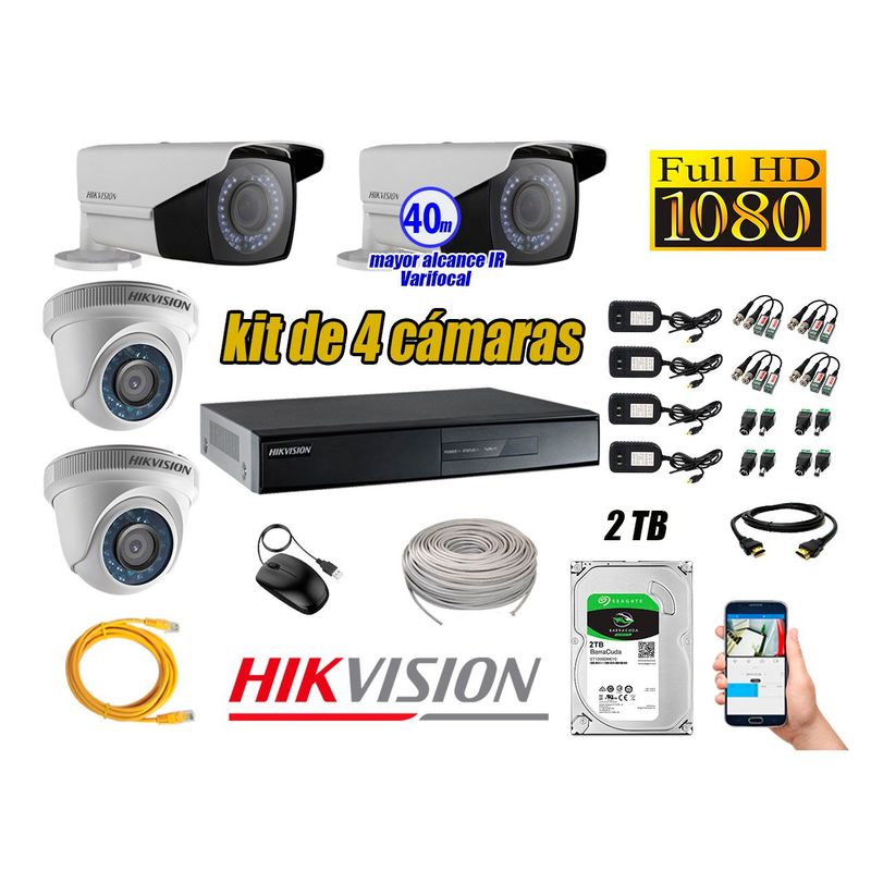 HIKVISION - Cámaras de Seguridad Kit 4 Full HD 2TB WD + Exterior Mayor Alcance Varifocal