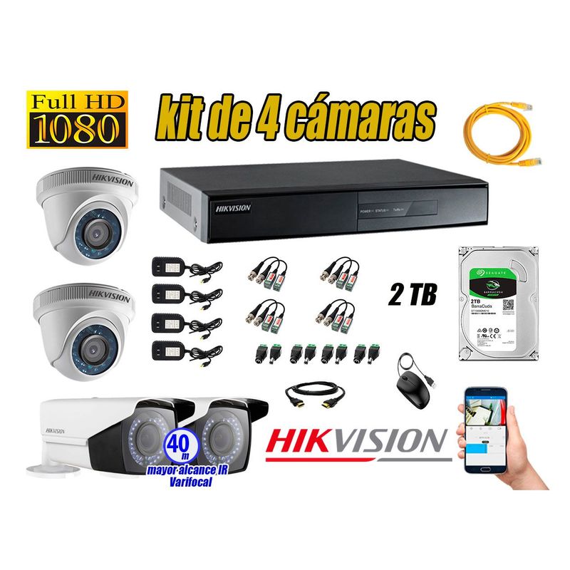 HIKVISION - Cámaras de Seguridad Kit 4 Full HD 2TB + Exterior Mayor Alcance Varifocal 40M Ir