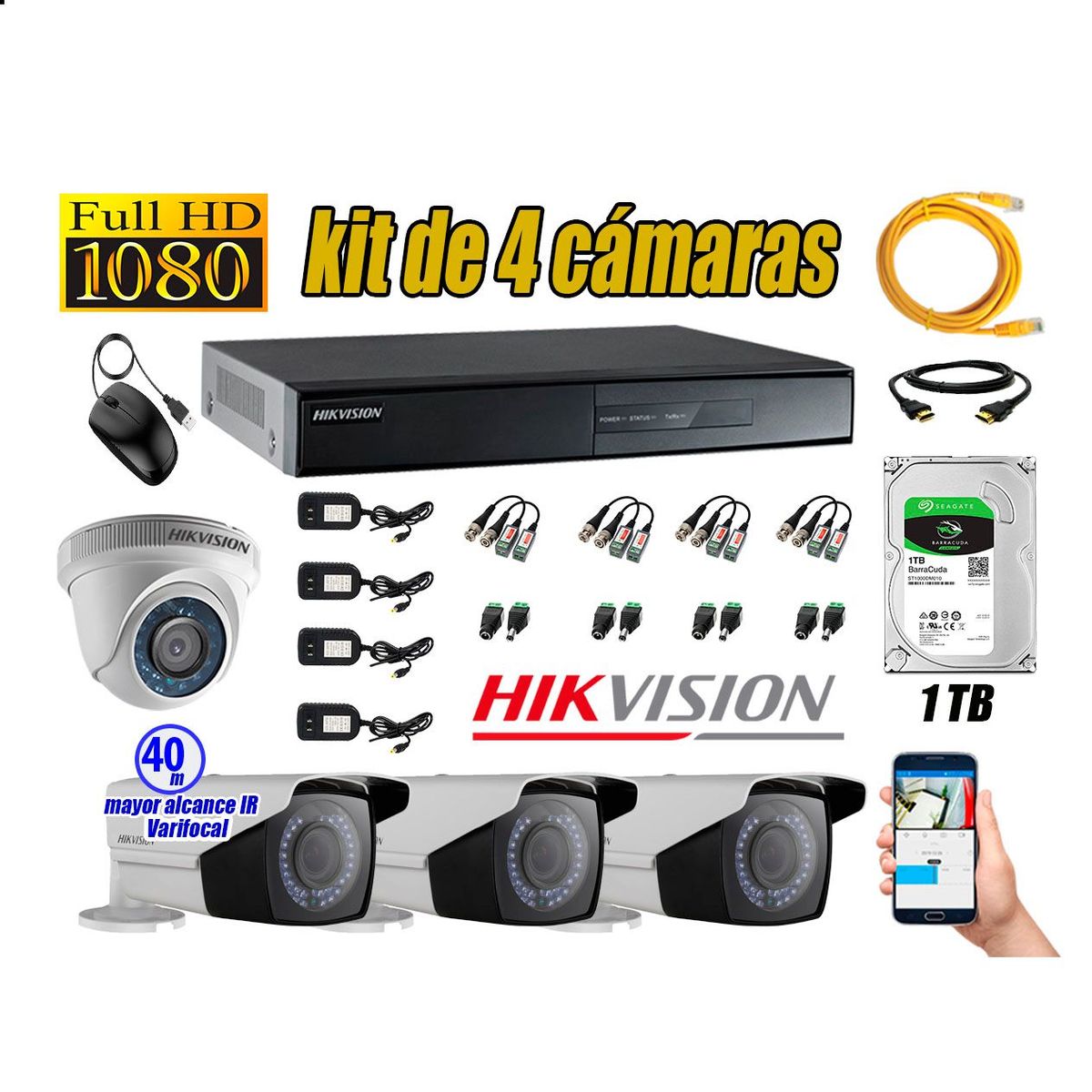HIKVISION - Cámaras de Seguridad Kit 4 FullHD 1TB WD + Exterior Mayor Alcance Varifocal 40M