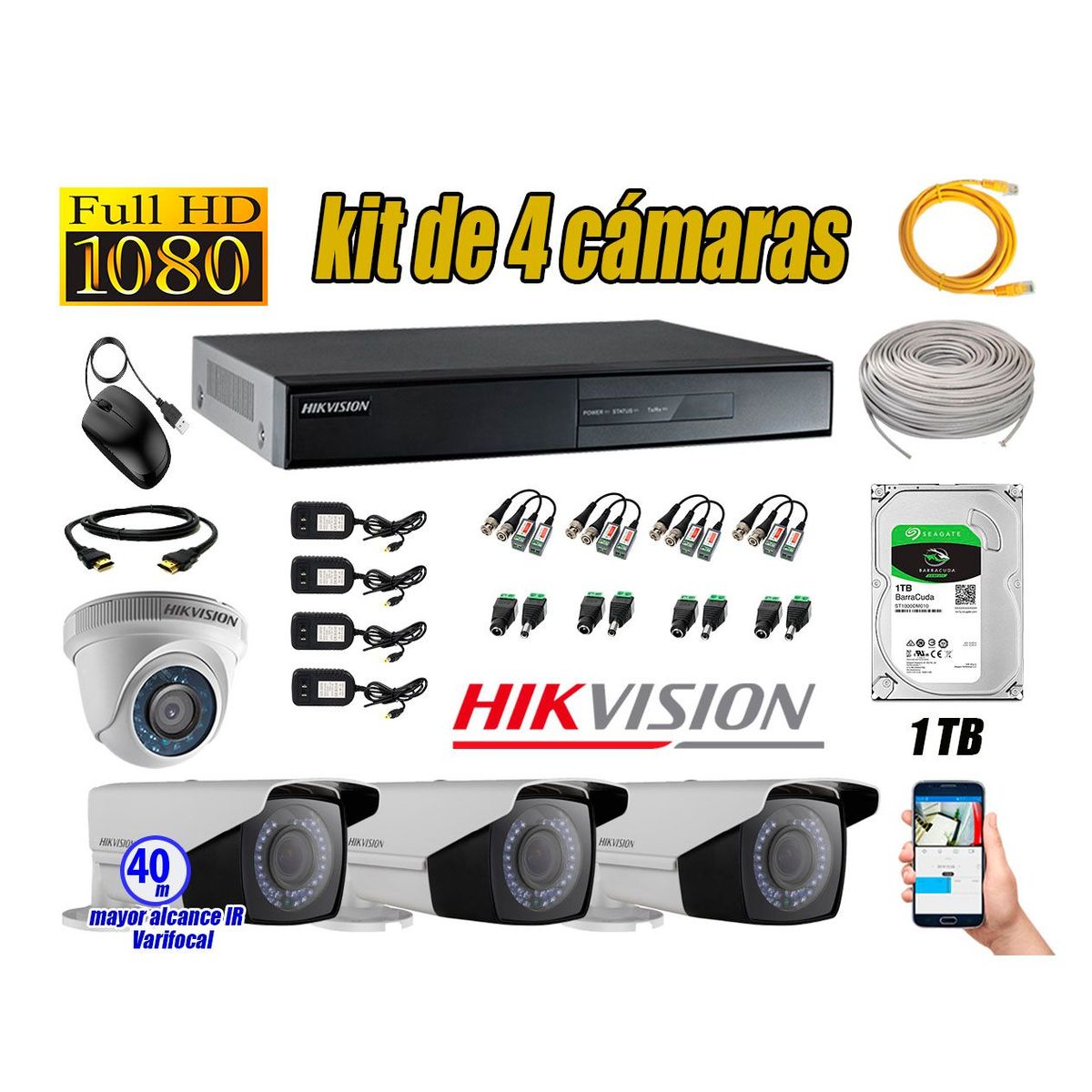 HIKVISION - Cámaras de Seguridad Kit 4 Full HD 1TB + Exterior Mayor Alcance Varifocal40M