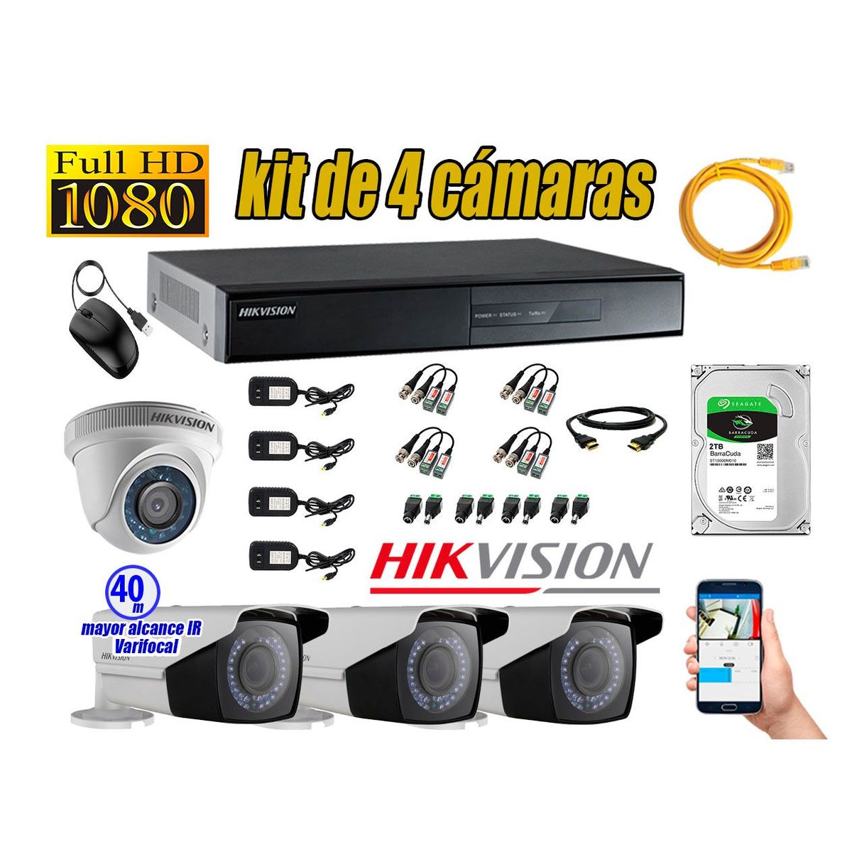 HIKVISION - Cámaras de Seguridad Kit 4 Full HD 2TB + Exterior Mayor Alcance Varifocal P2P