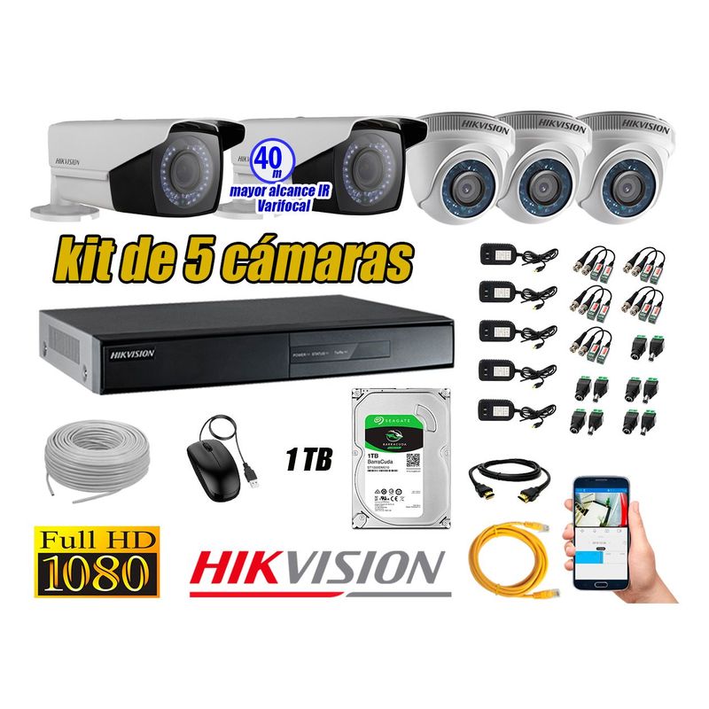 HIKVISION - Cámaras de Seguridad Kit 5 Full HD 1TB WD + Exterior Mayor Alcance Varifocal P2P