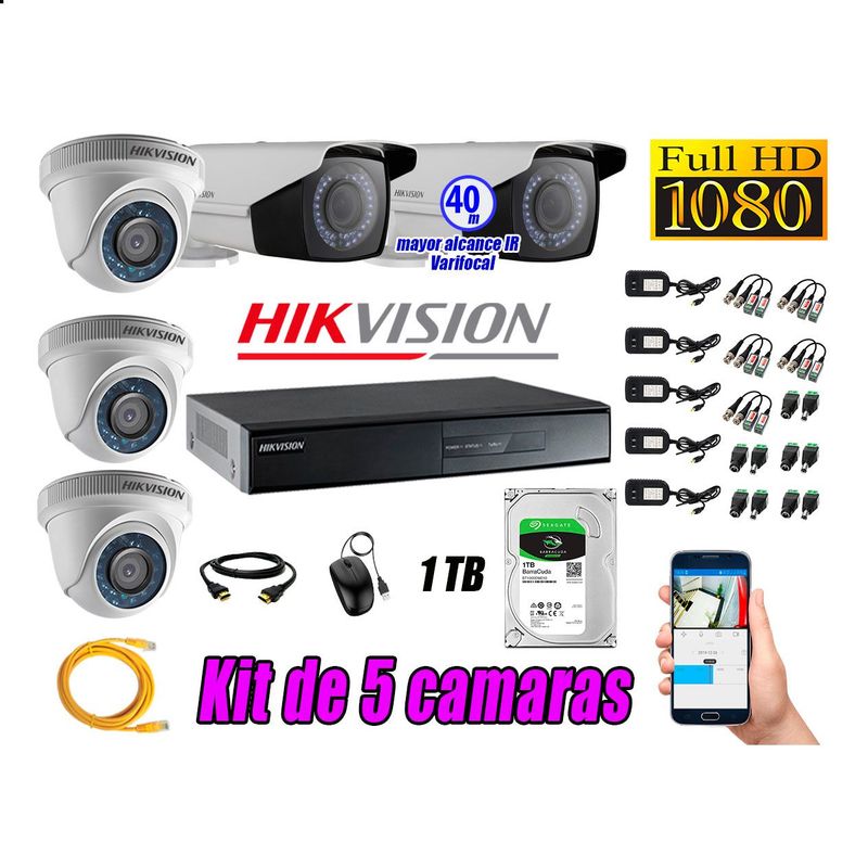 HIKVISION - Cámaras de Seguridad Kit 5 Full HD 1TB + Exterior Mayor Alcance Varifocal KIT05-FHD-E018