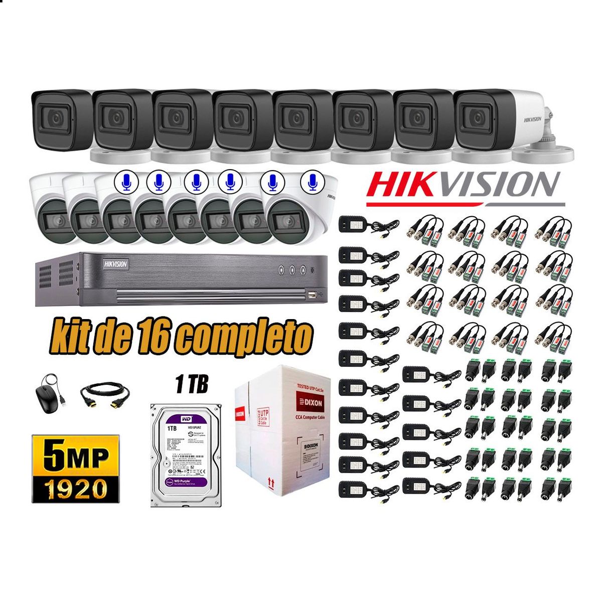 HIKVISION - Cámaras de Seguridad Kit 16 5MP | 06 Cámaras Audio Incorporado Disco 1TB WD