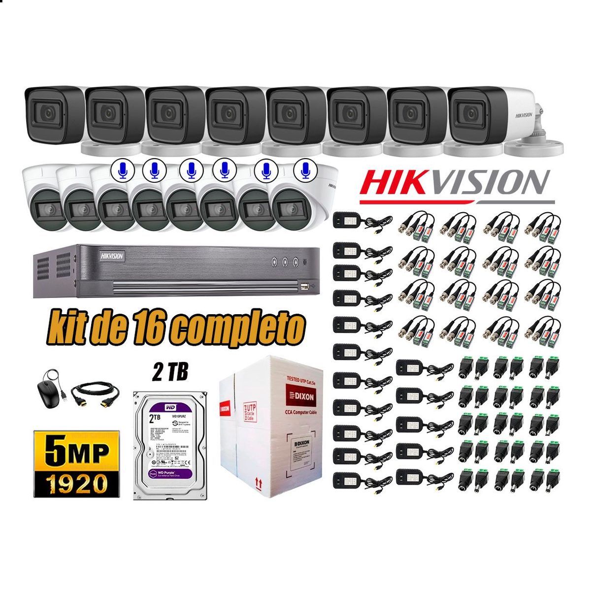 HIKVISION - Cámaras de Seguridad Kit 16 5MP | 06 Cámaras Audio Incorporado Disco 2TB WD P2P