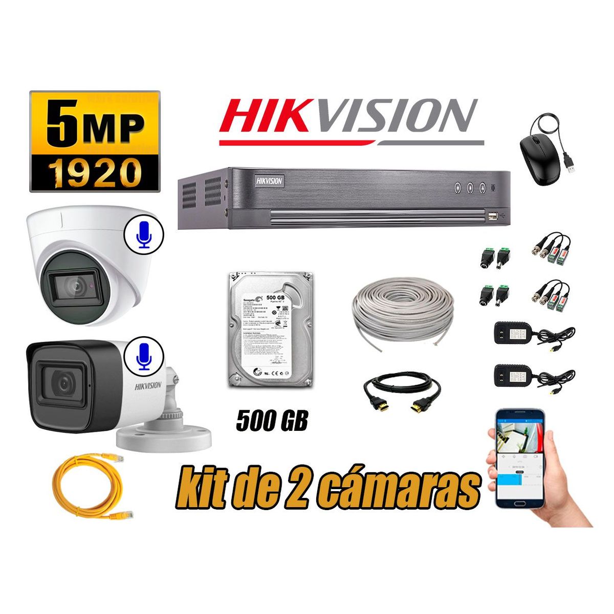 HIKVISION - Kit 2 Cámaras de Seguridad Audio Incorporado 5MP Disco 500GB Completo CCTV P2P