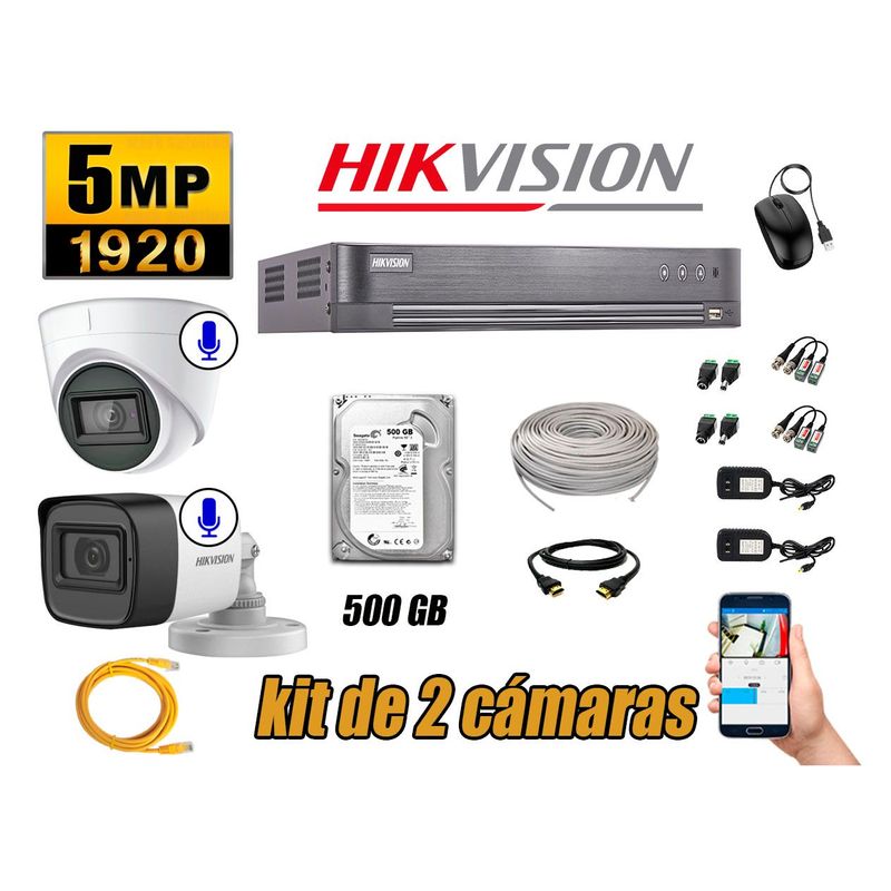 HIKVISION - Kit 2 Cámaras de Seguridad Audio Incorporado 5MP Disco 500GB Completo CCTV P2P