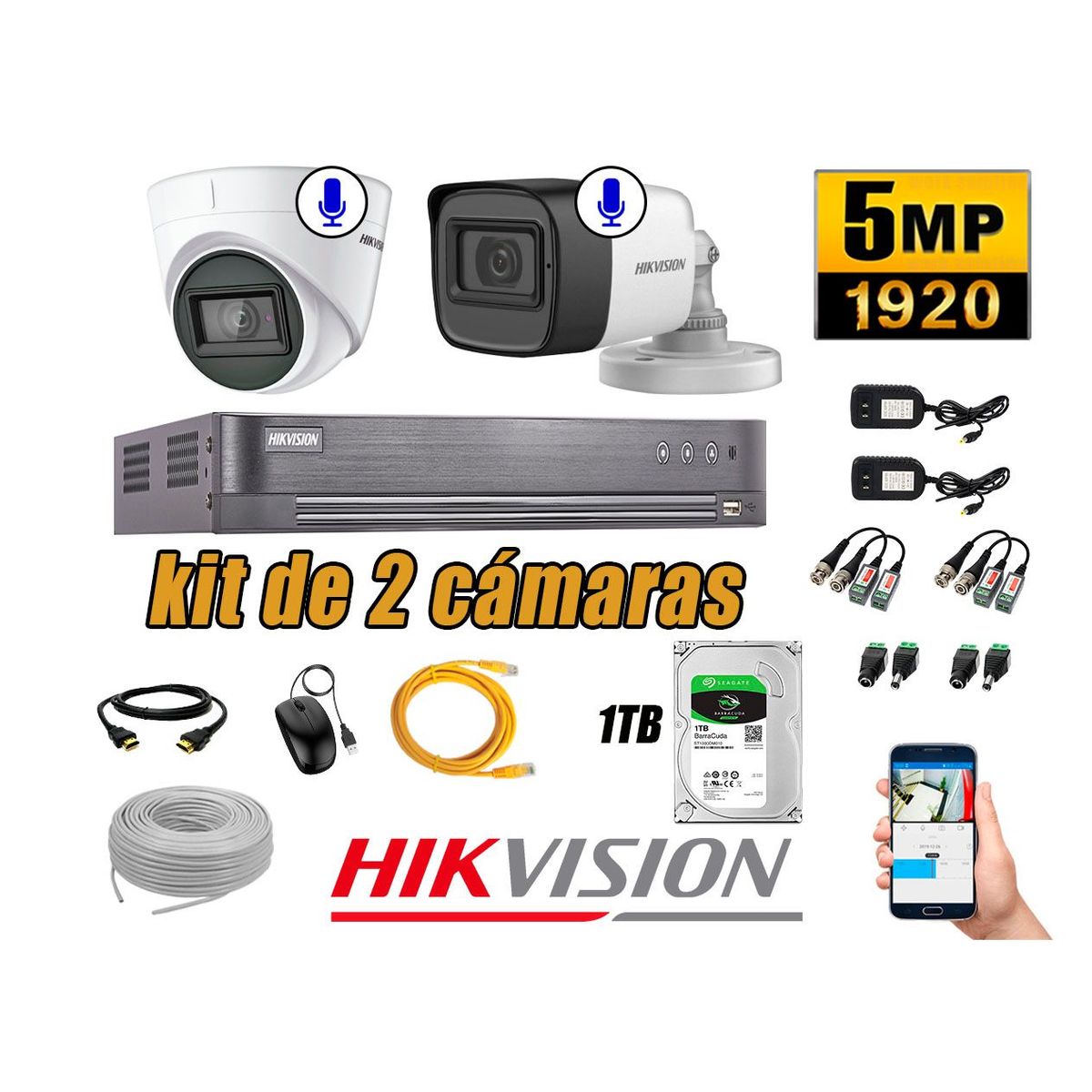 HIKVISION - Kit 2 Cámaras de Seguridad Audio Incorporado 5MP Disco 1TB Completo CCTV