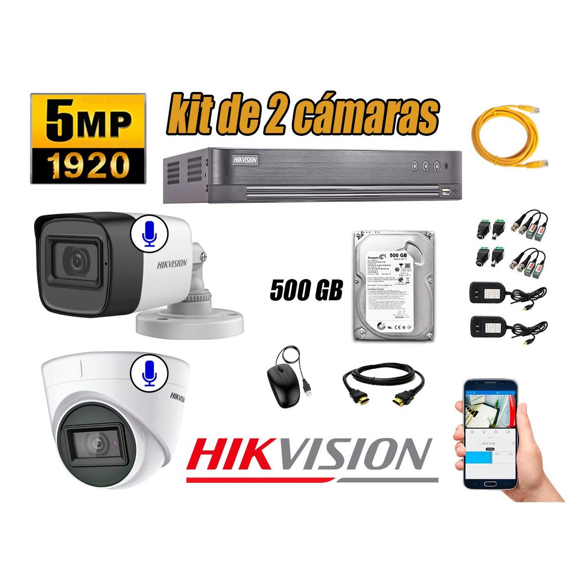 HIKVISION - Kit 2 Cámaras de Seguridad Audio Incorporado 5MP Disco 500GB CCTV P2P