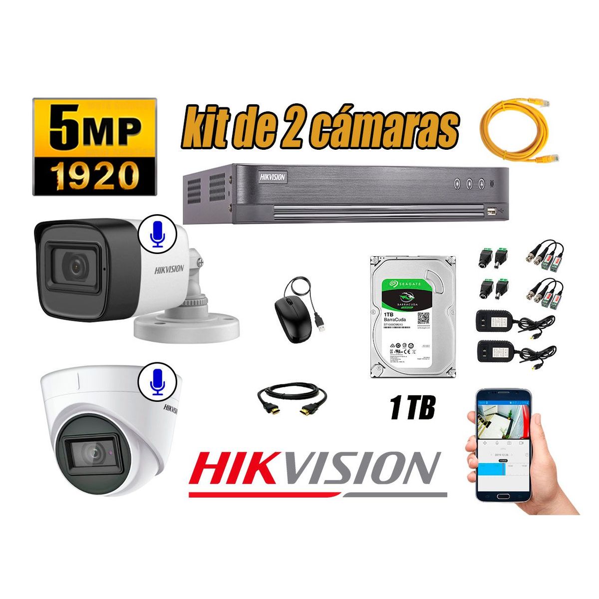HIKVISION - Kit 2 Cámaras de Seguridad Audio Incorporado 5MP Disco 1TB CCTV