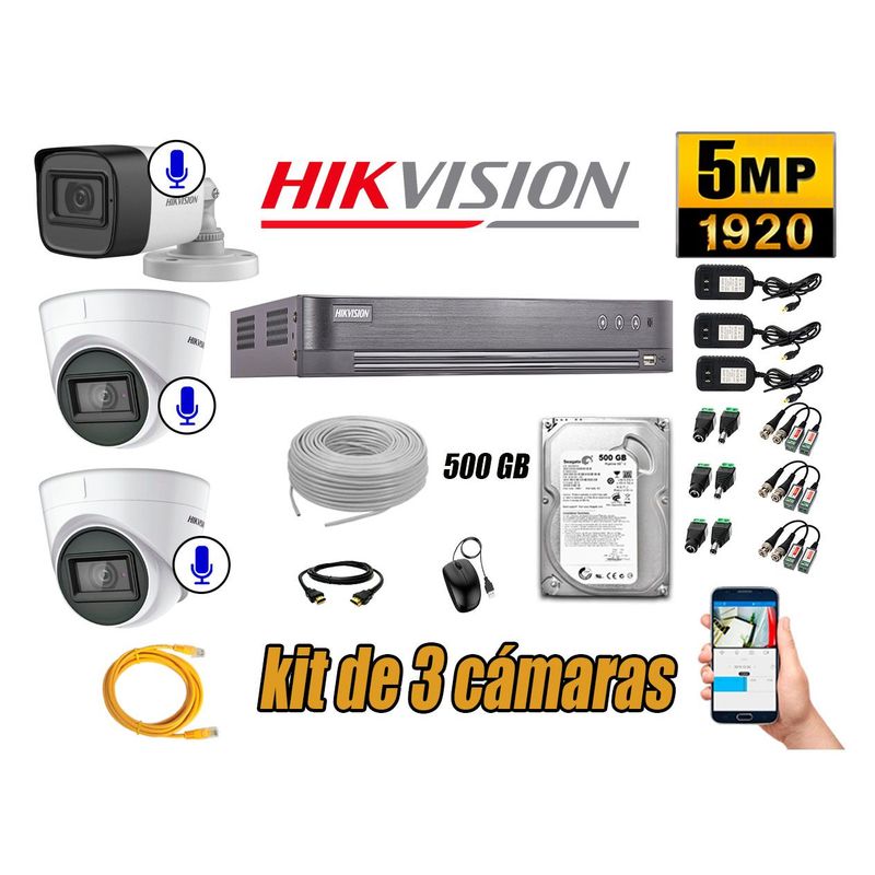 HIKVISION - Kit 3 Cámaras de Seguridad Audio Incorporado 5MP Disco 500GB Completo CCTV P2P