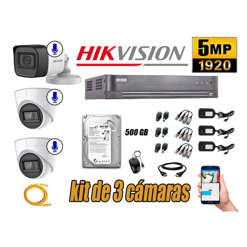HIKVISION - Kit 3 Cámaras de Seguridad Audio Incorporado 5MP Disco 500GB Completo CCTV