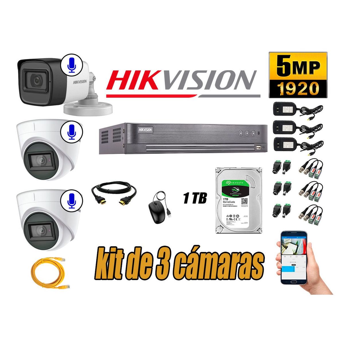 HIKVISION - Kit 3 Cámaras de Seguridad Audio Incorporado 5MP Disco 1TB CCTV