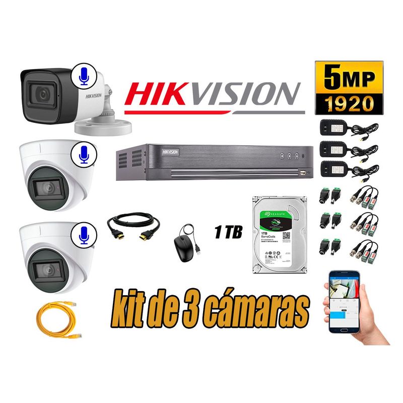 HIKVISION - Kit 3 Cámaras de Seguridad Audio Incorporado 5MP Disco 1TB CCTV