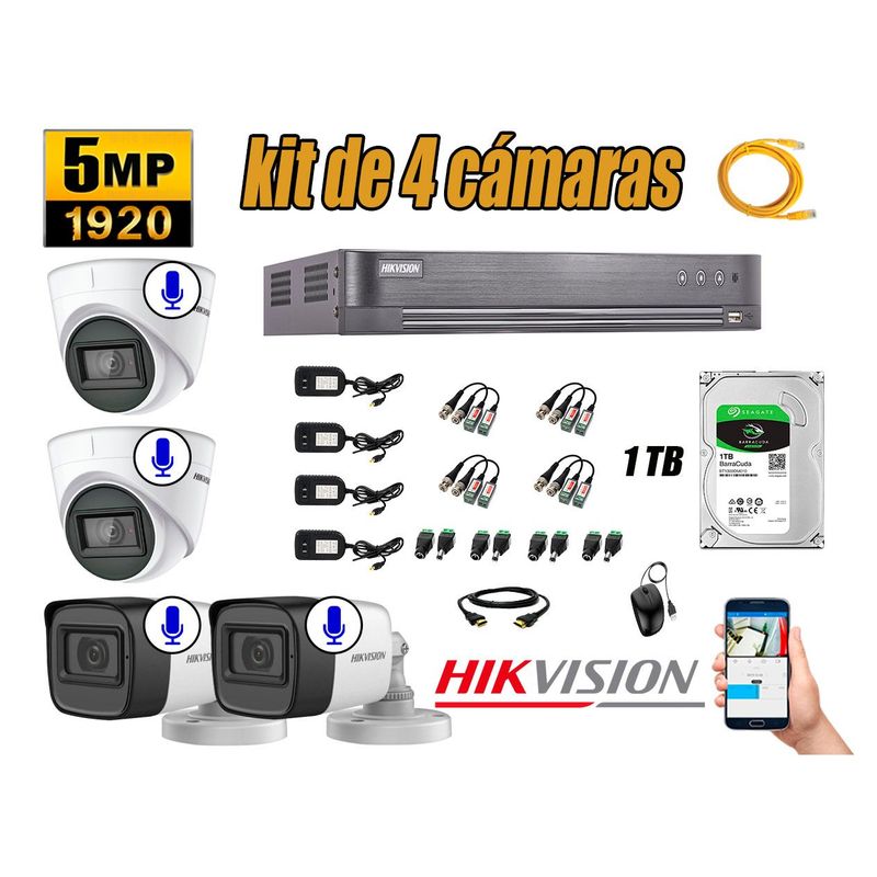 HIKVISION - Kit 4 Cámaras de Seguridad Audio Incorporado 5MP Disco 1TB Completo CCTV P2P