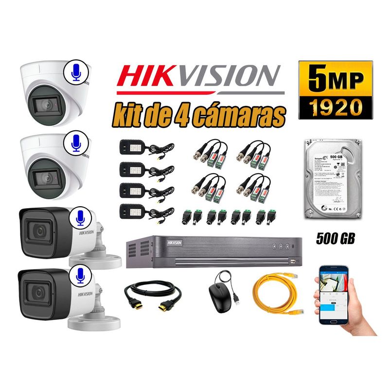 HIKVISION - Kit 4 Cámaras de Seguridad Audio Incorporado 5MP Disco 500GB Completo CCTV
