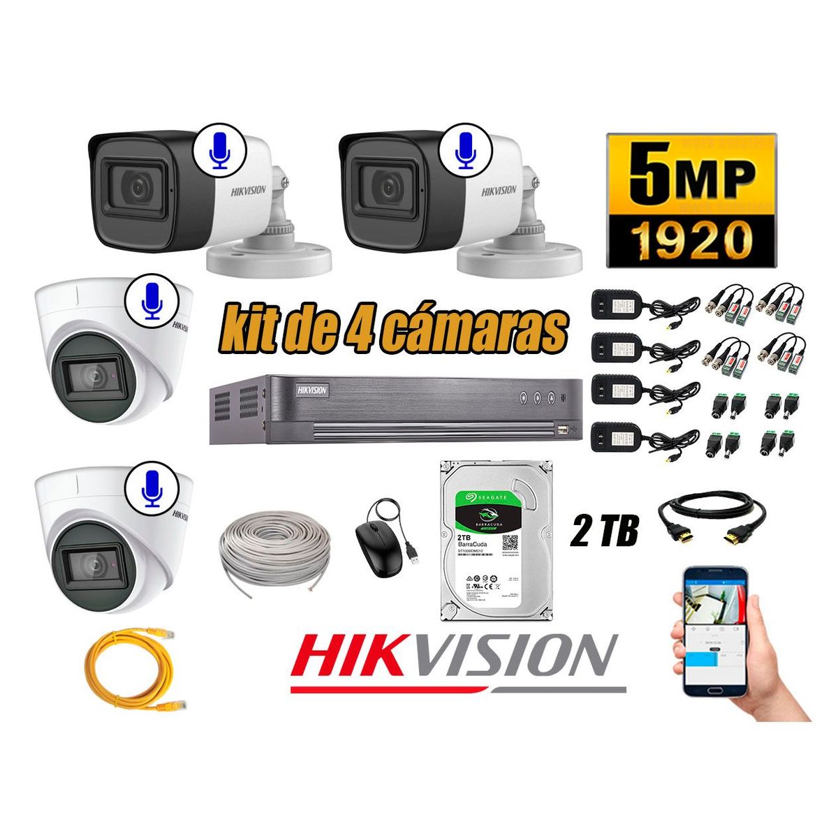 HIKVISION - Kit 4 Cámaras de Seguridad Audio Incorporado 5MP Disco 2TB Completo CCTV P2P
