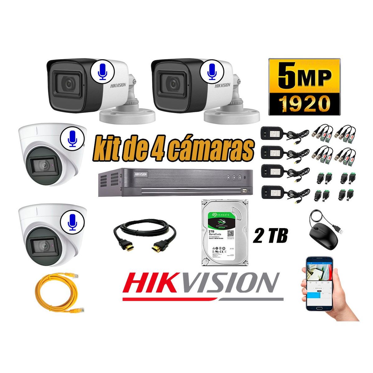 HIKVISION - Kit 4 Cámaras de Seguridad Audio Incorporado 5MP Disco 2TB Completo CCTV