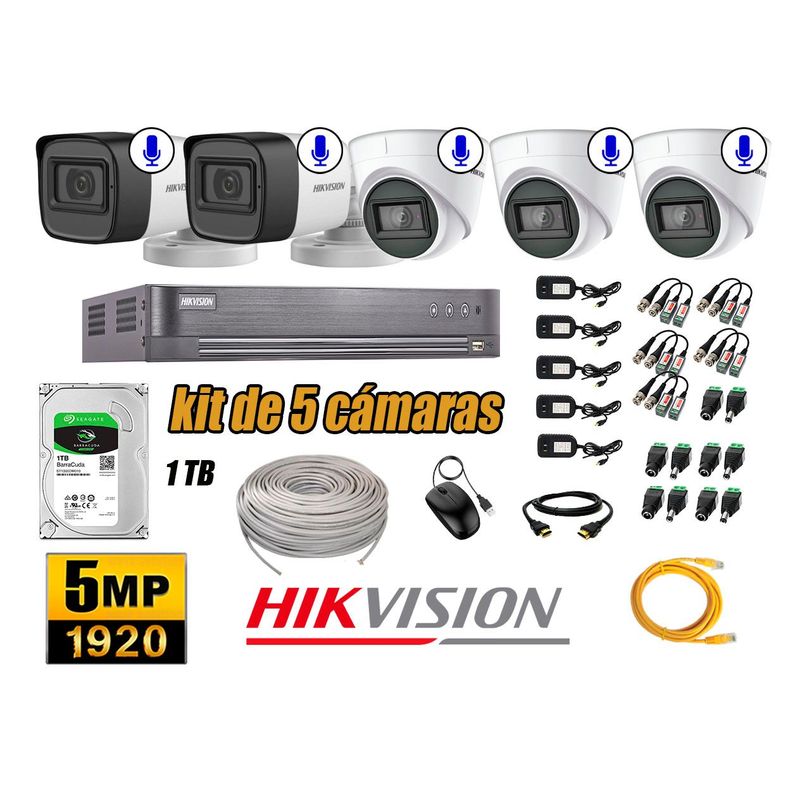 HIKVISION - Kit 5 Cámaras de Seguridad Audio Incorporado 5MP Disco 1TB Completo CCTV P2P