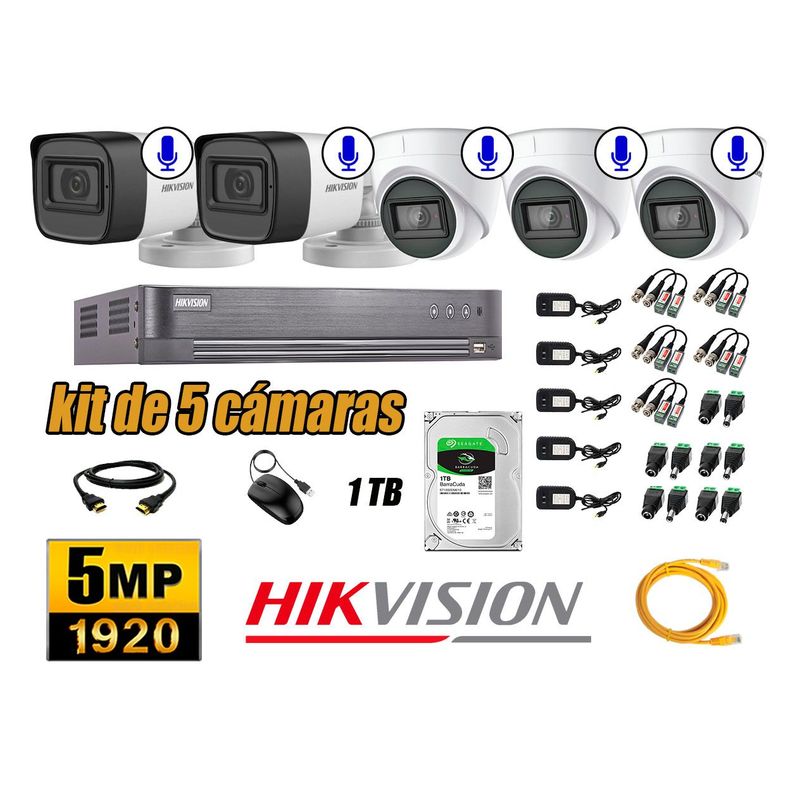 HIKVISION - Kit 5 Cámaras de Seguridad Audio Incorporado 5MP Disco 1TB Completo CCTV