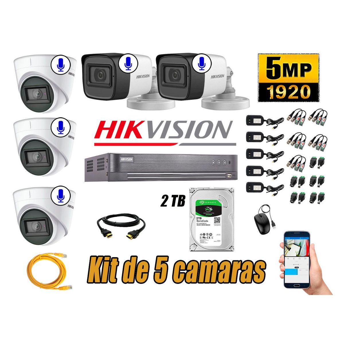 HIKVISION - Kit 5 Cámaras de Seguridad Audio Incorporado 5MP Disco 2TB Completo CCTV