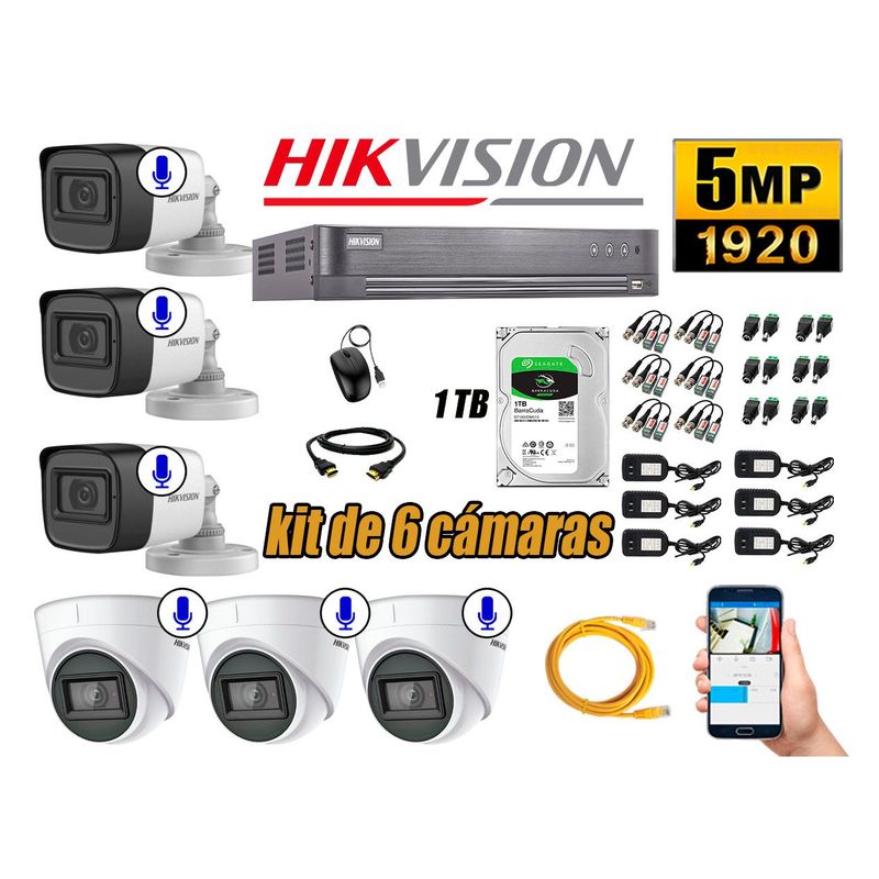 HIKVISION - Kit 6 Cámaras de Seguridad Audio Incorporado 5MP Disco 1TB Completo CCTV P2P