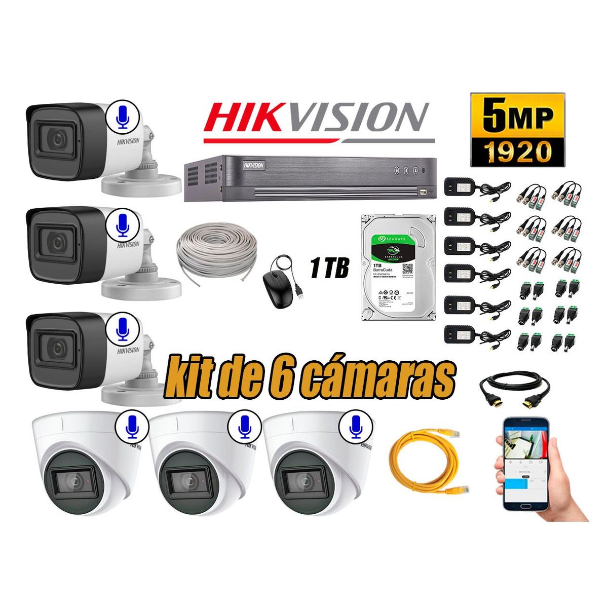 HIKVISION - Kit 6 Cámaras de Seguridad Audio Incorporado 5MP Disco 1TB Completo CCTV