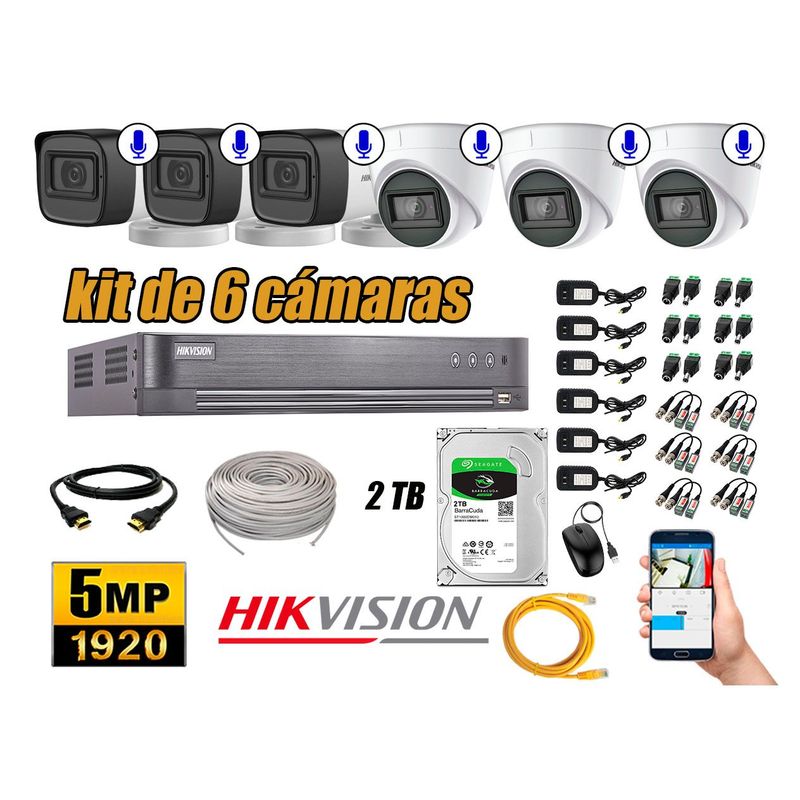 HIKVISION - Kit 6 Cámaras de Seguridad Audio Incorporado 5MP Disco 2TB Completo CCTV P2P