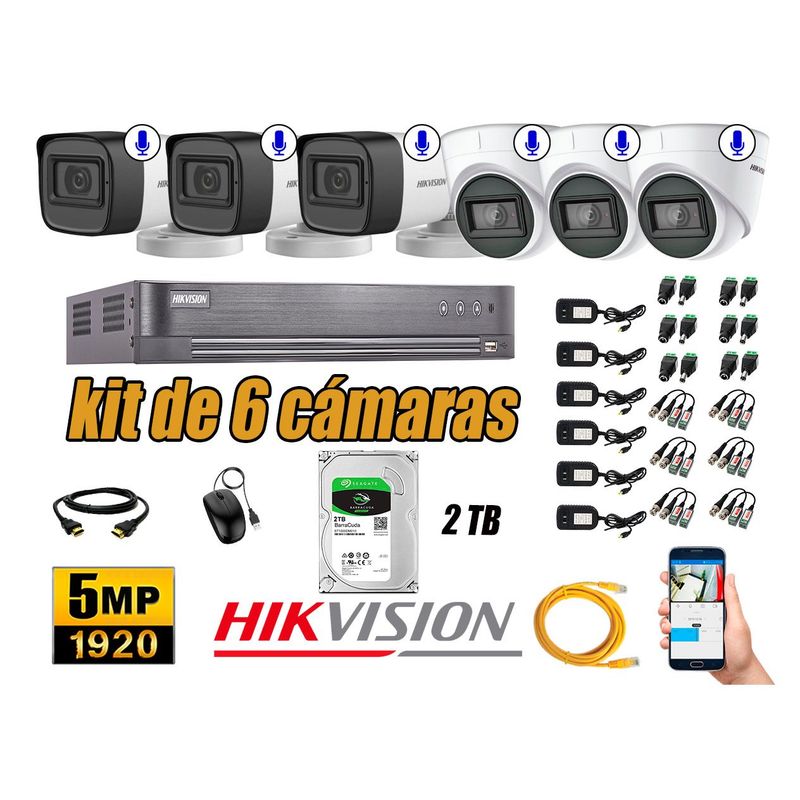 HIKVISION - Kit 6 Cámaras de Seguridad Audio Incorporado 5MP Disco 2TB Completo CCTV
