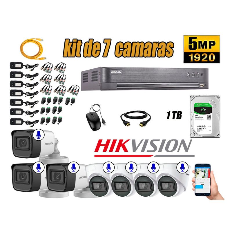 HIKVISION - Kit 7 Cámaras de Seguridad Audio Incorporado 5MP Disco 1TB Completo CCTV