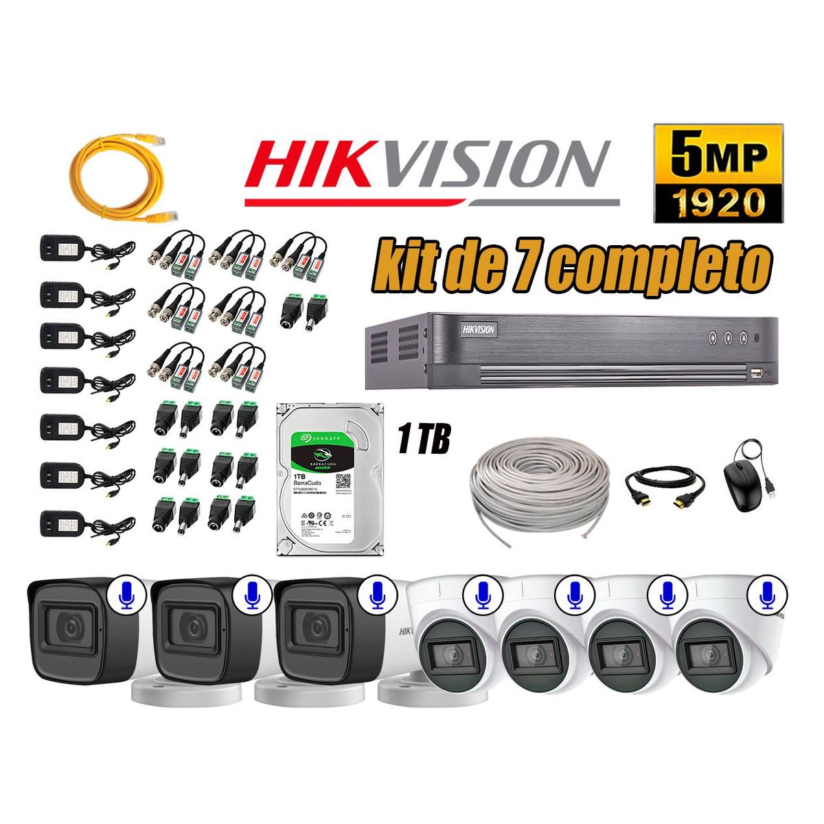 HIKVISION - Kit 7 Cámaras de Seguridad Audio Incorporado 5MP Disco 1TB Completo CCTV P2P