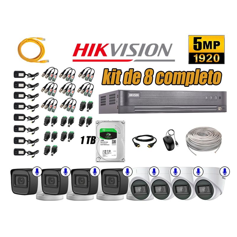 HIKVISION - Kit 8 Cámaras de Seguridad Audio Incorporado 5MP Disco 1TB Completo CCTV