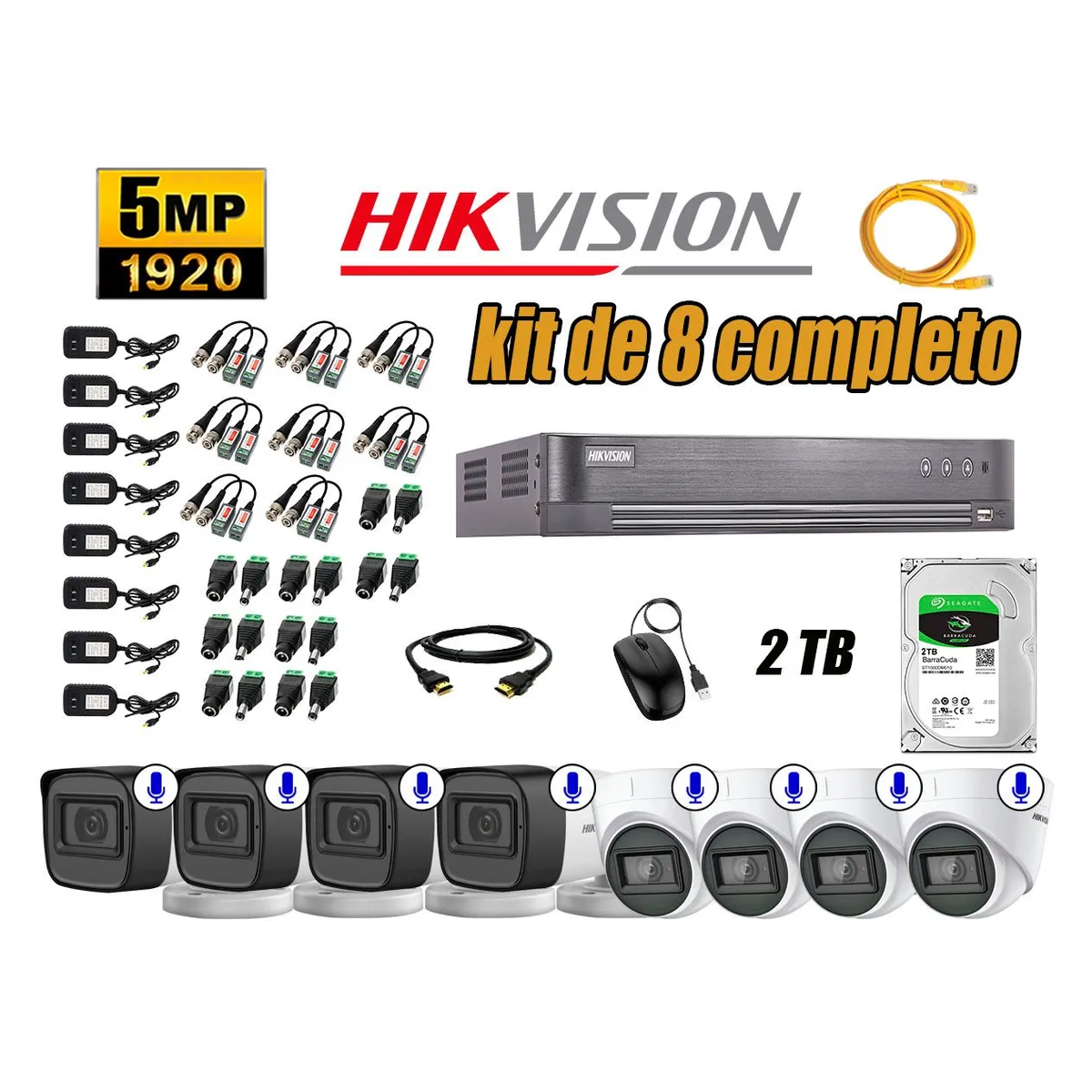 HIKVISION - Kit 8 Cámaras de Seguridad Audio Incorporado 5MP Disco 2TB Completo CCTV
