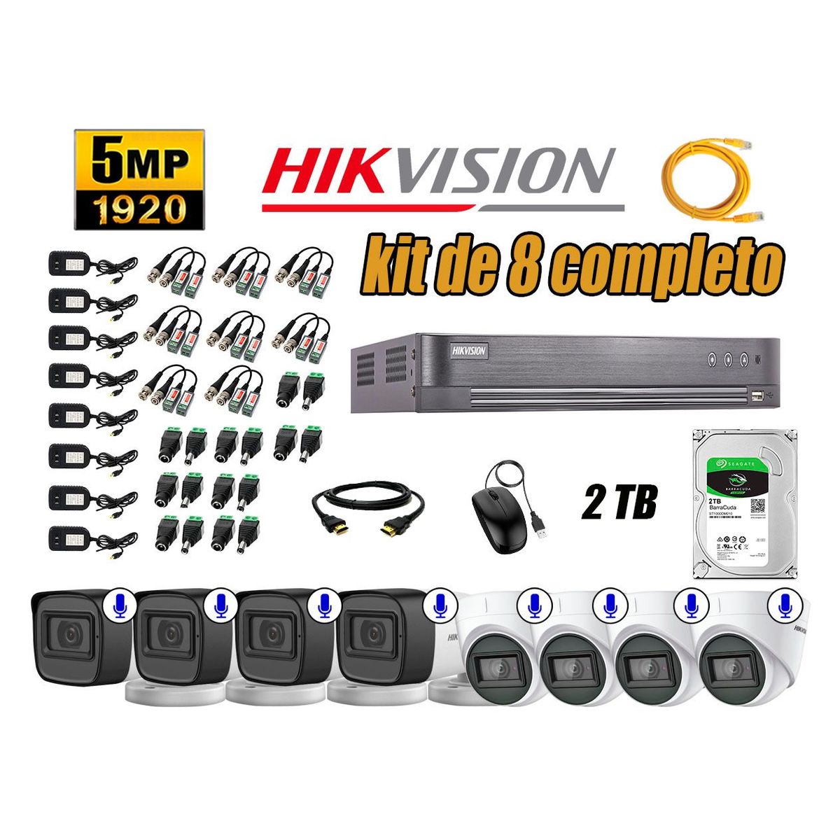 HIKVISION - Kit 8 Cámaras de Seguridad Audio Incorporado 5MP Disco 2TB Completo CCTV