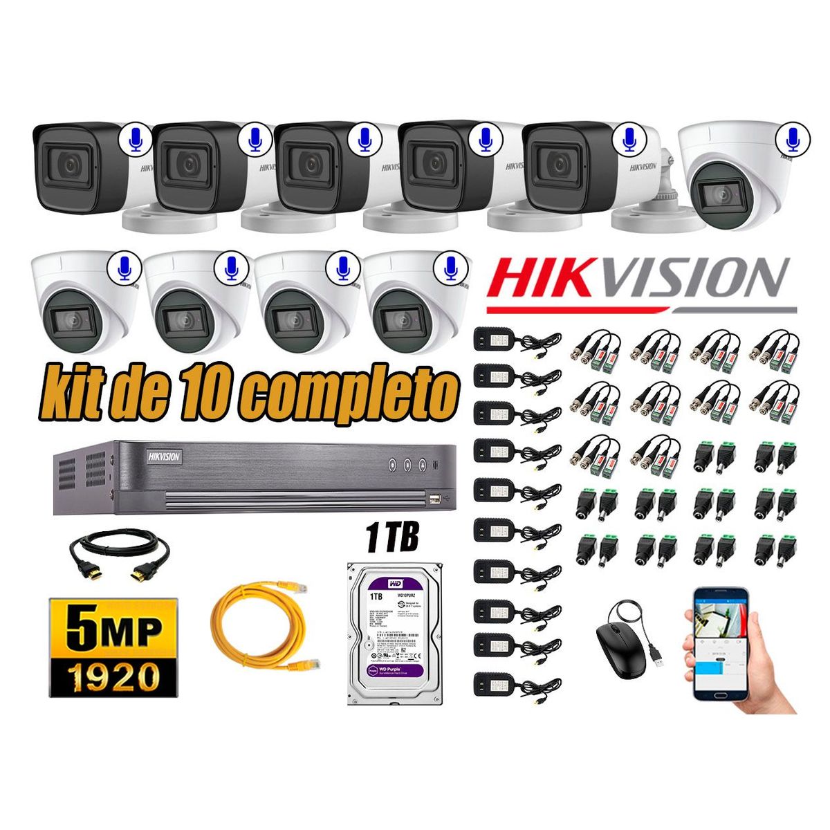 HIKVISION - Kit 10 Cámaras de Seguridad Audio Incorporado 5MP Disco 1TB Completo CCTV P2P