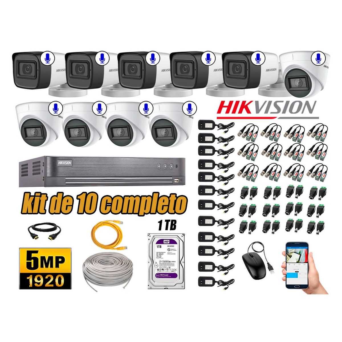 HIKVISION - Kit 10 Cámaras de Seguridad Audio Incorporado 5MP Disco 1TB Completo CCTV