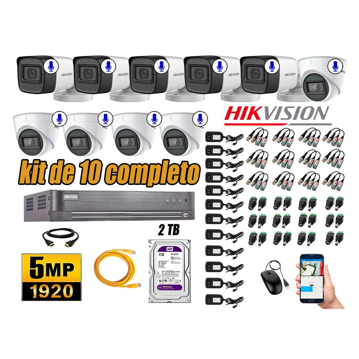 HIKVISION - Kit 10 Cámaras de Seguridad Audio Incorporado 5MP Disco 2TB Completo CCTV
