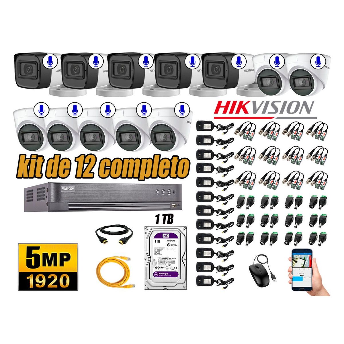 HIKVISION - Kit 12 Cámaras de Seguridad Audio Incorporado 5MP Disco 1TB Completo CCTV P2P