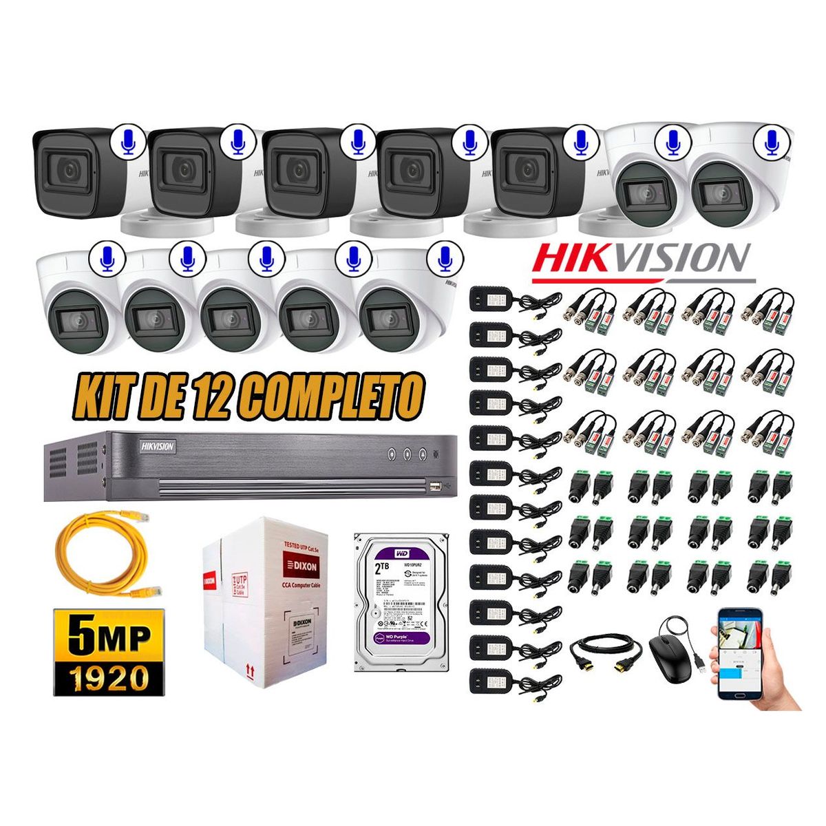 HIKVISION - Kit 12 Cámaras de Seguridad Audio Incorporado 5MP Disco 2TB Completo CCTV P2P