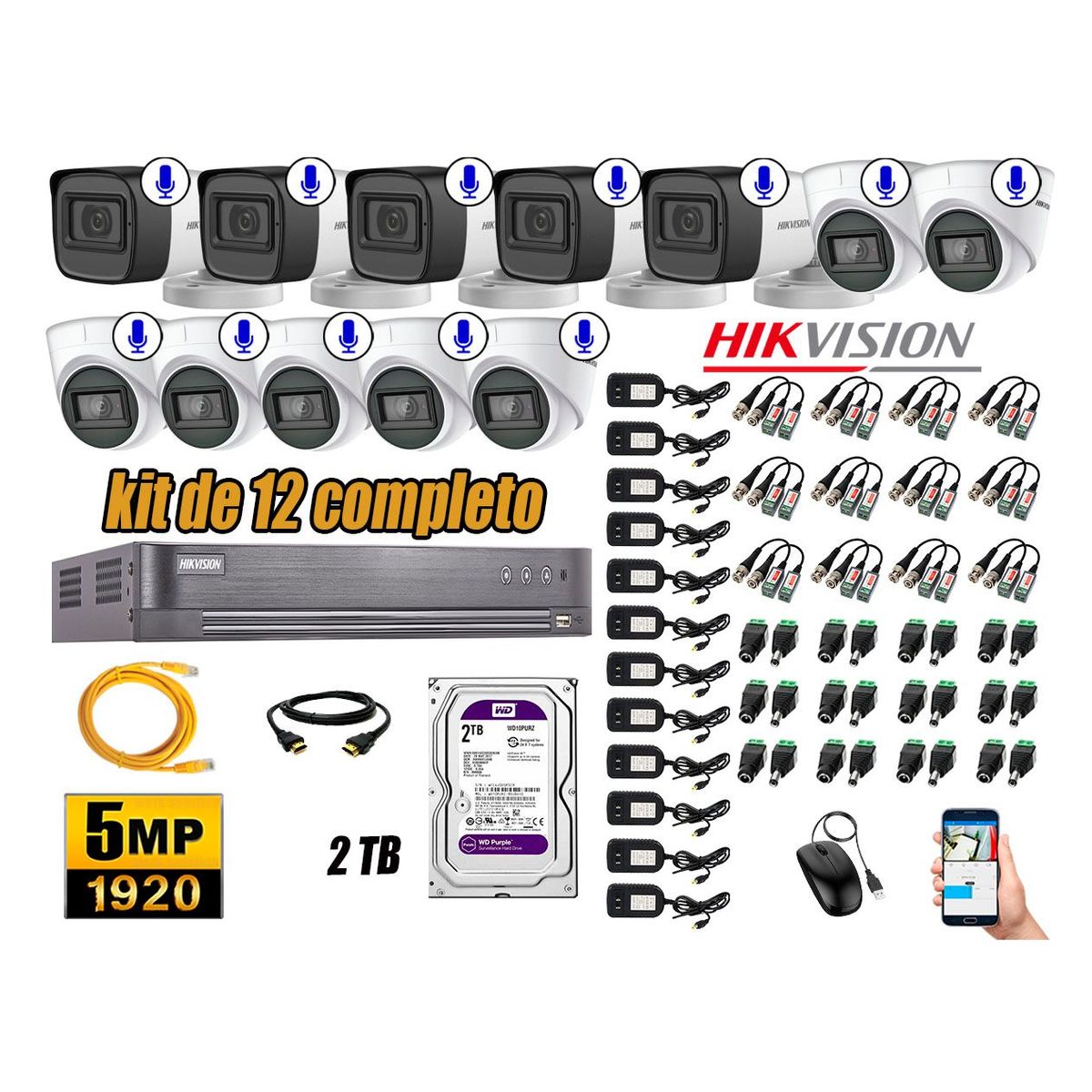 HIKVISION - Kit 12 Cámaras de Seguridad Audio Incorporado 5MP Disco 2TB Completo CCTV
