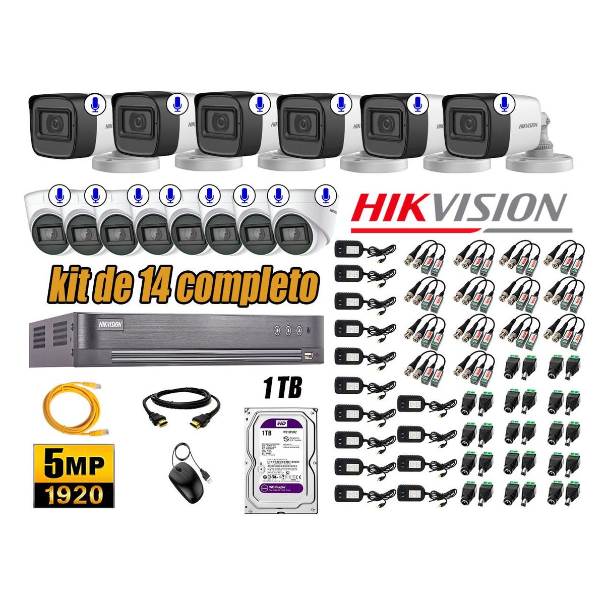 HIKVISION - Kit 14 Cámaras de Seguridad Audio Incorporado 5MP Disco 1TB Completo CCTV P2P