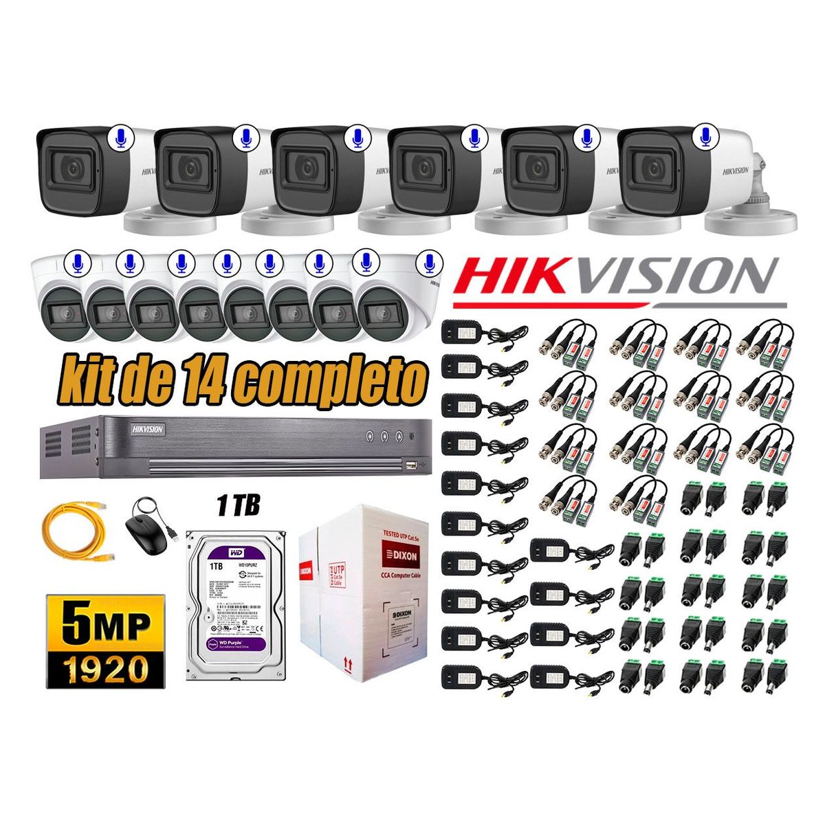 HIKVISION - Kit 14 Cámaras de Seguridad Audio Incorporado 5MP Disco 1TB Completo CCTV