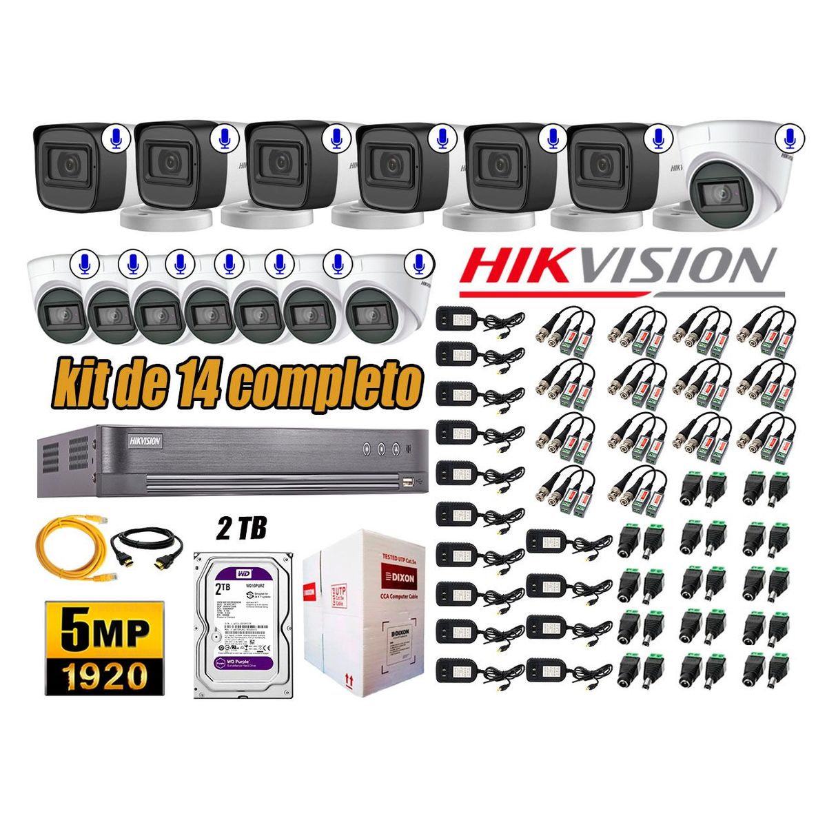 HIKVISION - Kit 14 Cámaras de Seguridad Audio Incorporado 5MP Disco 2TB Completo CCTV P2P