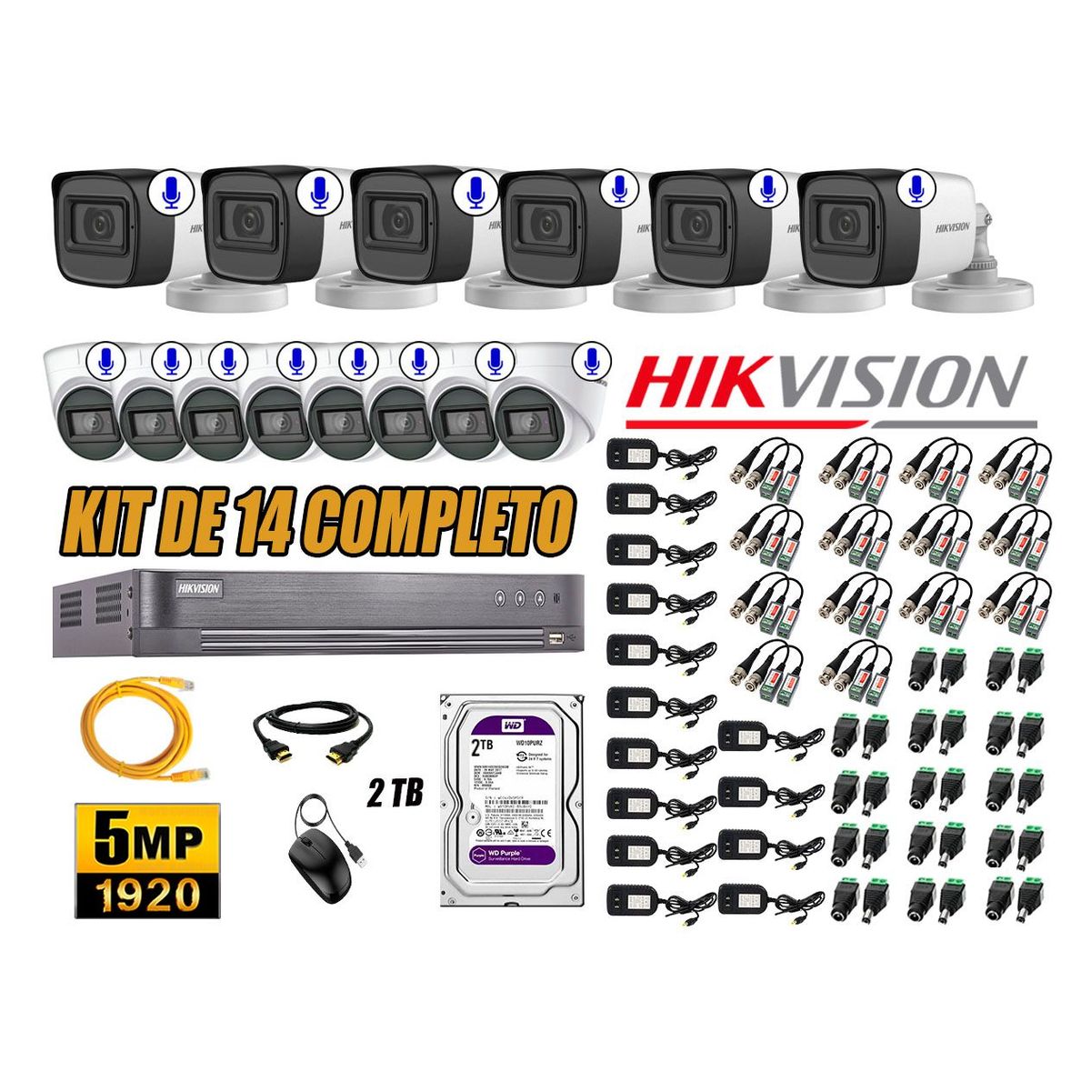 HIKVISION - Kit 14 Cámaras de Seguridad Audio Incorporado 5MP Disco 2TB Completo CCTV