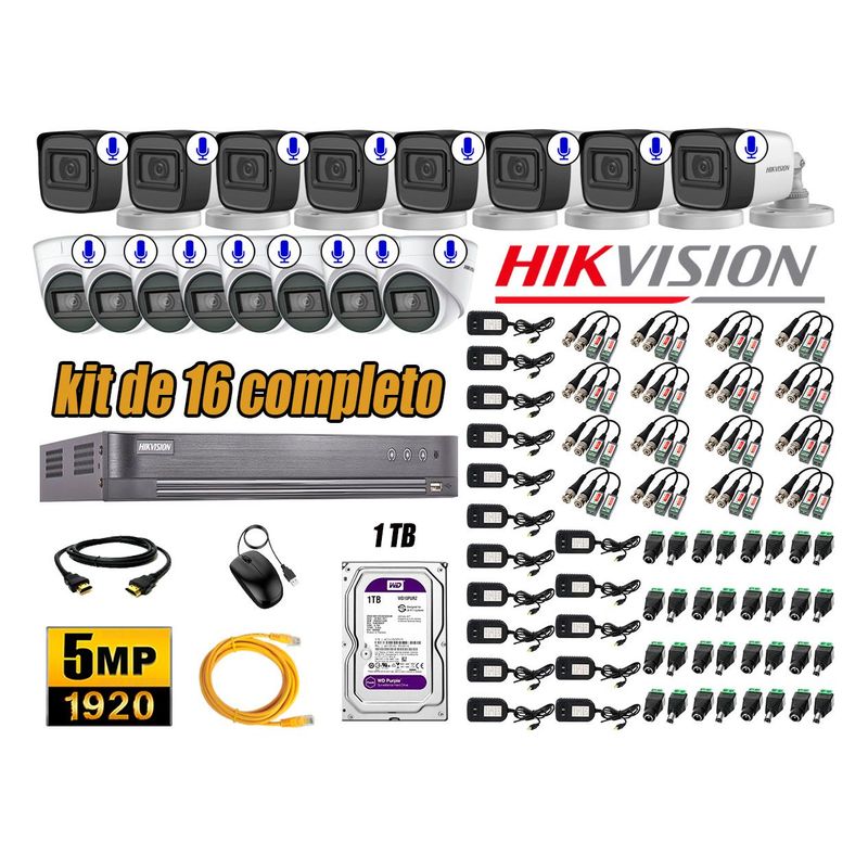 HIKVISION - Kit 16 Cámaras de Seguridad Audio Incorporado 5MP Disco 1TB Completo CCTV P2P