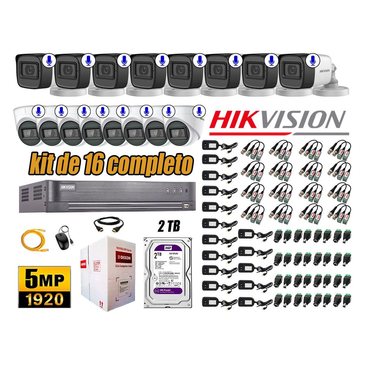 HIKVISION - Kit 16 Cámaras de Seguridad Audio Incorporado 5MP Disco 2TB Completo CCTV P2P