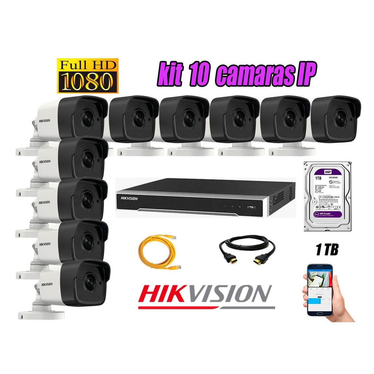HIKVISION - Cámara de Seguridad Ip Poe Full HD 1080P Exterior Kit 10 Disco 1TB Purpura P2P