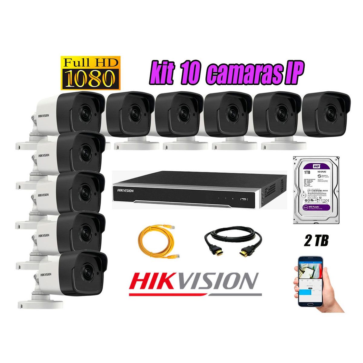 HIKVISION - Cámara de Seguridad Ip Poe Full HD 1080P Exterior Kit 10 Disco 2TB WD Purpura