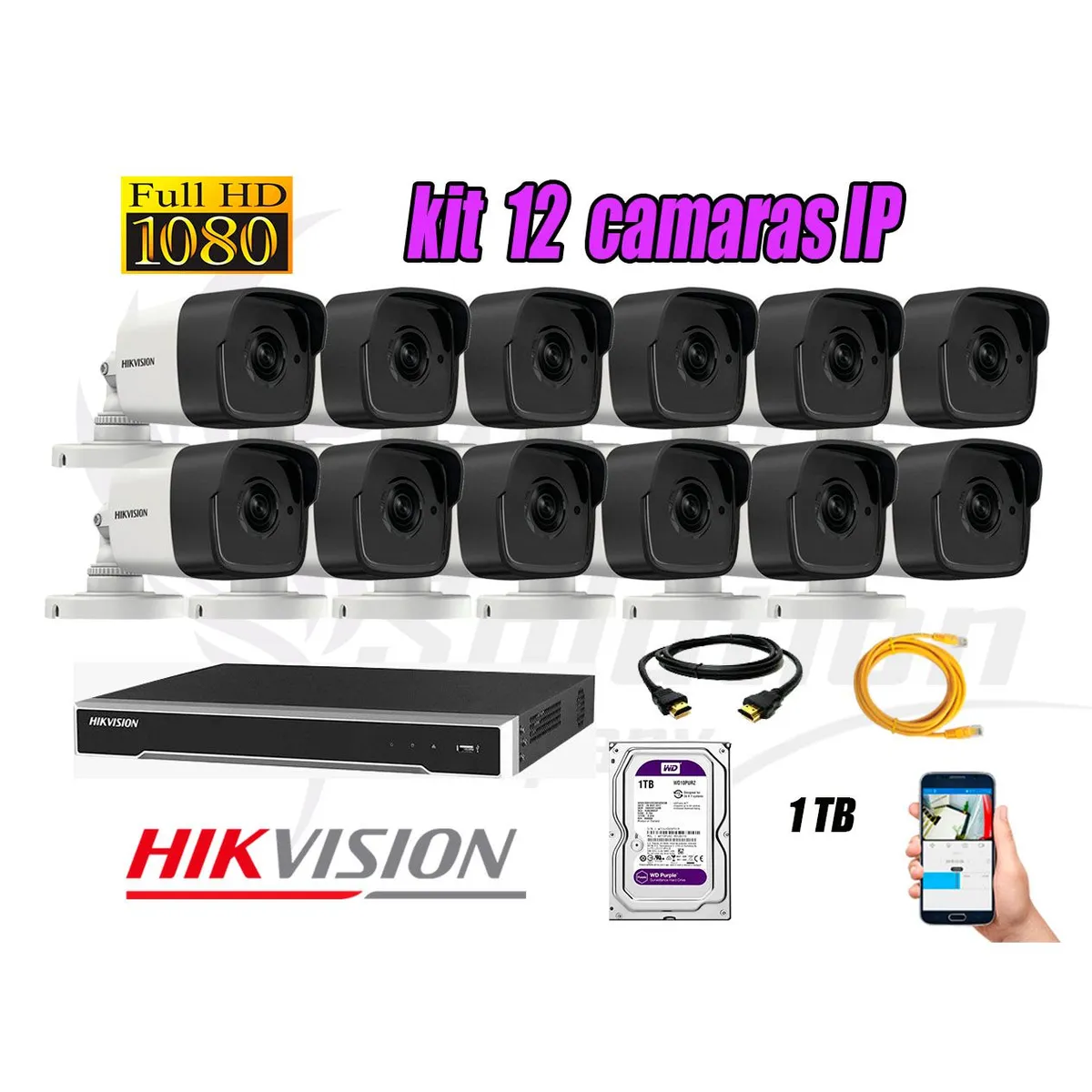 HIKVISION - Cámara de Seguridad Ip Poe Full HD 1080P Exterior Kit 12 Disco 1TB Purpura P2P