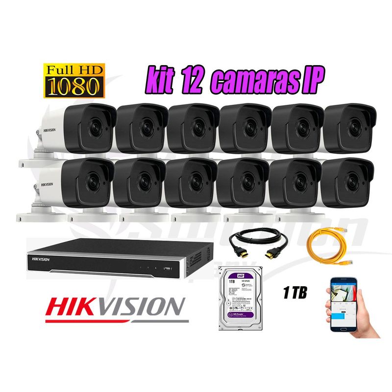 HIKVISION - Camara de Seguridad Ip Poe Full HD 1080P Exterior Kit 12 Disco 1TB Purpura P2P